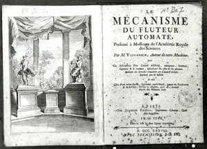 Automaták, Jacques de Vaucanson „Le Mecanisme du fluteur automate” című művéből készült előlap illusztrációja, metszett: Francois Vivares (1709-80) 1738