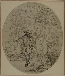 Tanulmány Colle "La Partie de Chasse de Henri IV" című művének második, soha ki nem adott kiadásához, II. felvonás, 11. jelenet. alkotó: Hubert Francois Gravelot
