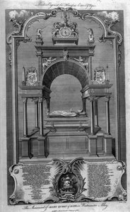Mária skót királynő emlékműve a Westminster apátságban, illusztráció Rapin „Anglia története” című művéből, metszett John Goldar, 1786
