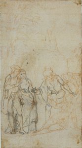 Azonosítatlan irodalmi illusztráció egy figuracsoporttal, környező fekvő figurával alkotó: Hubert Francois Gravelot