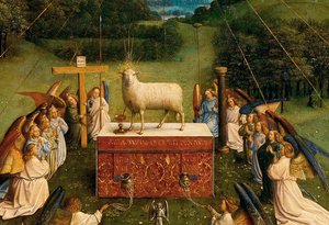 A misztikus bárány imádása, a genti oltárképről, a központi panel alsó felének részlete