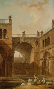 Építészeti jelenet nőkkel, akik ruhát mosnak a medencénél alkotó: Hubert Robert