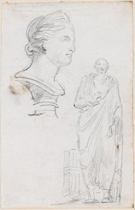 Egy római nő mellszobra és egy római férfi szobra alkotó: Hubert Robert