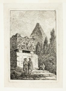 Tájkép piramissal és szarkofággal, hatodik lemez a Les Soirées de Rome-ból alkotó: Hubert Robert