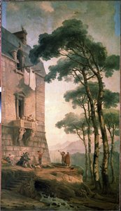 A zenészek. Egy középosztálybeli ház erkélye alatt kutat egy zenészekből és egy medvekiképzőből álló művészcsapat. Hubert Robert (1733-1808) festménye, olaj, vászon, francia művészet. Állami Szabadtéri Múzeum Peterhof, Szentpétervár alkotó: Hubert Robert