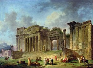 Férfi egy klasszikus templom romjait vázolja (olaj, vászon) alkotó: Hubert Robert