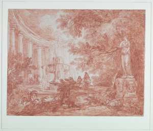 Park szökőkúttal és szoborral alkotó: Hubert Robert