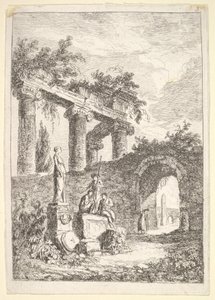 3. tábla: A romok előtti szobor: egy szobor balra három figura mellett egy p..., kb. 1763-64. alkotó: Hubert Robert