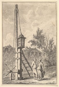 9. tábla: A szíjtárcsa: egy férfi és egy nő beszélget jobbra, lámpás lógott egy pos..., kb. 1763-64. alkotó: Hubert Robert