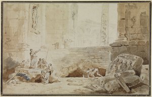 Római capriccio utcai énekesnővel alkotó: Hubert Robert