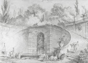 The Large Staircase, 1761-1765 (toll és fekete tinta, ecset és szürke mosás és akvarell fekete krétával alárajzolt törtfehér fektetett papíron, vízjellel) alkotó: Hubert Robert