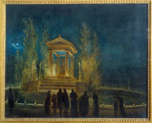 Jean Jacques Rousseau (1712-1778) ideiglenes mauzóleuma a Tuileries-medencében, mielőtt hamvait Hubert Robert (1733-1808) Pantheon-festményére fordította 1794 V. 0,65x0,8 m Párizs, Musee Carnavalet alkotó: Hubert Robert