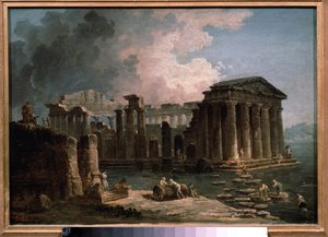 Egy templomot vizek vesznek körül. Hubert Robert (1733-1808) festménye, olaj, vászon, 1780 körül, francia művészet. Állami A. Puskin Szépművészeti Múzeum, Moszkva. alkotó: Hubert Robert