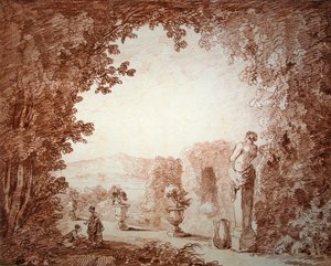 Kilátás a kertre szoborral (piros kréta papíron) alkotó: Hubert Robert