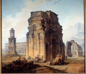 Kilátás a Diadalívre és a Theatre of Orange Painting – Hubert Robert (1733-1808) 18. századi V. 2,42x2,42 m alkotó: Hubert Robert