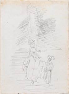Nő és kisebb férfi figura a nagylépcsőn [recto] alkotó: Hubert Robert