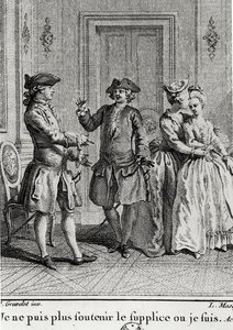 Nem bírom tovább a kínokat itt, ahol vagyok, Beaumarchais illusztrációja Eugenie számára, Louis Joseph Masquelier (1741-1811) metszetében alkotó: Hubert after Gravelot