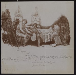 Jelenet egy halotti ágyról gyerekekkel és allegorikus alakokkal, köztük és festőállványos művészrel alkotó: Hubert von Herkomer