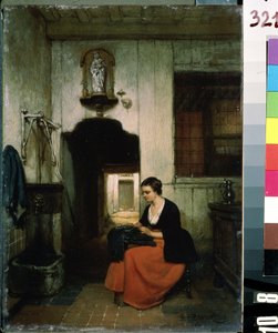 ""La brodeuse"" (A hímzőnő) Fiatal nő varrómunkát végez egy belga belső térben. Hubertus van Hove (1814-1865) festménye 1860 Mikhail Kroshitsky Művészeti Múzeum, Szevasztopol (Szevasztopol) Ukrajna