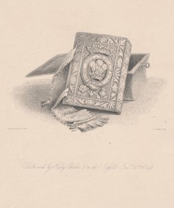 I. Károly király által az állványon 1649. január 30-án használt Biblia, C.J. Smith metszete alkotó: Hugh Irvine