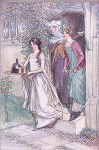 „Enter Anne Page with wine, Mistress Ford és Mistress Page követi”, illusztráció a „The Merry Wives of Windsor” című filmből alkotó: Hugh Thomson