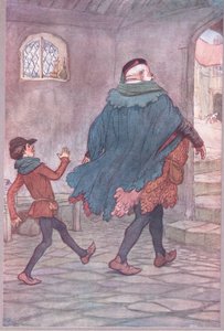 Exeunt Falstaff és Robin, illusztráció a Windsori vidám feleségekből, 1910 alkotó: Hugh Thomson