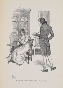 "Elkezdte dicsérni a nőt a jobb külsejéért" Jane Austen 1897-es regényéhez (metszet) alkotó: Hugh Thomson