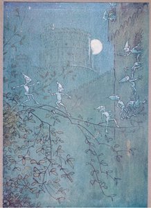 Keresés a Windsori kastélyban, tündék, kívül és belül, illusztráció a Windsori vidám feleségekből, 1910 alkotó: Hugh Thomson