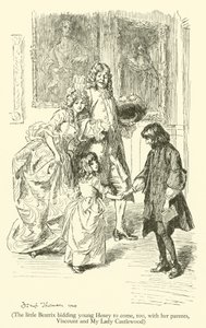 A kis Beatrix arra kéri a fiatal Henryt, hogy jöjjön el szüleivel, Viscounttal és My Lady Castlewooddal (metszet) alkotó: Hugh Thomson