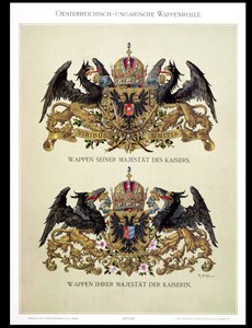 Tábla I. Ferenc József császár (1830-1916) és Erzsébet bajor császárné (1837-98) címerével a művész „Heraldischer Atlas” című művéből, 1899 alkotó: Hugo Gerard Strohl