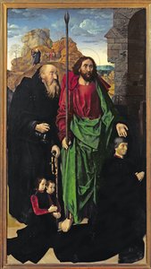 A Portinari oltárkép, Szent Tamás és Remete Szent Antal Tommaso Portinarival és két fiával, Antonio és Pigello, bal szárny, 1479 körül alkotó: Hugo van der Goes