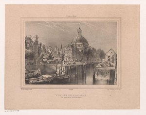 Gezicht op de Stromarkt, het Singel en de Lutherse kerk Az evangélikus egyház. Kilátás a csatornáról (Singel néven ismert) (cím az objektumon) Amszterdam szuvenírje Nyolc nézet az életből rajzolta és litografálta H. van Hove Bz. (sorozat címe)