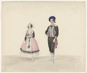 Férfi és nő történelmi viseletben, 1841 Hat akvarell történelmi jelmezekből az 1841-es jelmezbálhoz (sorozat címe)