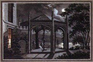 Pavilon és üvegház egy gótikus kastélyhoz, a "Megfigyelések a tájkertészet elméletéről és gyakorlatáról", pub. 1802 (színes litó)