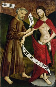 Krisztus és Szent Tamás, a csíksomlyói Szent Péter és Szent Pál-templom egykori főoltárképének táblája, 1480 körül (táblán tojástempera)