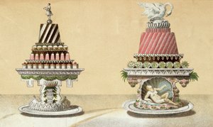 Tervezés Charlottes a la Reine & Pain de Framboises a la Leda bemutatójához, illusztráció egy francia konyhaművészetről szóló magyar szakácskönyvből, 1880 körül alkotó: Hungarian School