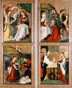 Angyali üdvözlet, Krisztus születése, a bölcsek imádása és a templomi bemutató a szepeshelyi oltárképről, 1480-90 alkotó: Hungarian School