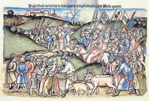 A mongol invázió Magyarországra 1241-ben IV. Béla uralkodása alatt egy eredeti színes fametszet)