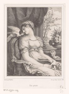 Ülő nő könyvvel és fehér madárral Une pensée (cím a tárgyon) alkotó: Hyacinthe Louis Victor Jean Baptiste Aubry Lecomte