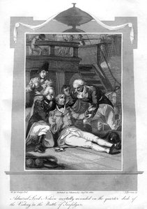 Nelson admirális, aki halálosan sebesülten fekszik a HMS Victory negyed fedélzetén, 1816.