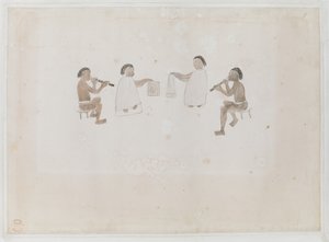 Tahiti zenészei. Négy tahiti, ketten az orrfuvolán játszó kancába öltözve; ketten a tiputa dobba öltözve, Rögzítve: Joseph Banks Journal I, 290 alkotó: I. F. Miller