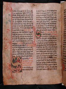 Történelmi "S" és "P" kezdőbetűk, a "Skarosbok"-ból ("A Skard könyve") 1350 körül (vellum) alkotó: Icelandic School