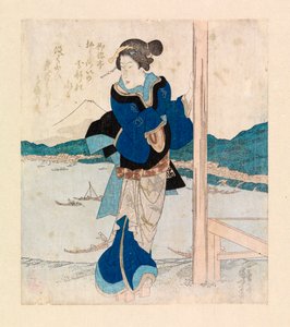 Geisha on the balcony of a cherry tree pavilion, c.1830 (colour woodcut) alkotó: Ichiyusai Kuniyoshi