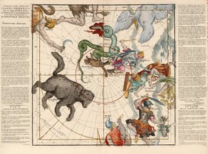 Északi-sark, 1. tábla a mennyei földgömb leírásából lapos keretben, kocsma. 1674 (kézzel színezett metszet) alkotó: Ignace-Gaston Pardies