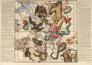 Téli napforduló , 5. tábla a mennyei földgömb leírásából lapos asztalokban, kocsma. 1674 (kézzel színezett metszet) alkotó: Ignace-Gaston Pardies