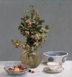 Csendélet galagonya vázával, tál cseresznyével, japán tállal, csészével és csészealjjal alkotó: Ignace Henri Jean Fantin Latour
