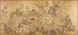 Táj pavilonnal (Roukaku Sansui Zu, Táj toronnyal) – Ike no Taiga (1723-1776) hatpaneles képernyőjének bal oldali része, akvarell és tinta papíron, 1750 körül – 18. századi japán művészet, tájkép keleti - Tokiói Nemzeti M