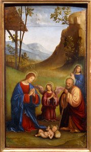 A gyermek imádása. Szent József, Szűz Mária és egy angyal imádkozik az újszülött Krisztus körül. Francesco Francia (1450-1517) festménye