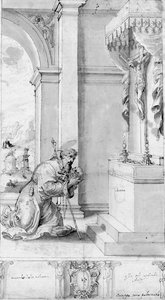 Oltár előtt térdelő szent feszülettel: körmeneti transzparens terv (kréta, toll és tinta és mosás papíron) alkotó: Il (c.1550 1611) Sozzo