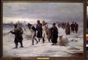1812. (A Napóleon Nagy Hadseregéből elfogott foglyok kimerülten, orosz parasztok kíséretében sétálnak a hóban). Illarion Mihajlovics Prjanisnyikov (1840-1894) festménye, olaj, vászon